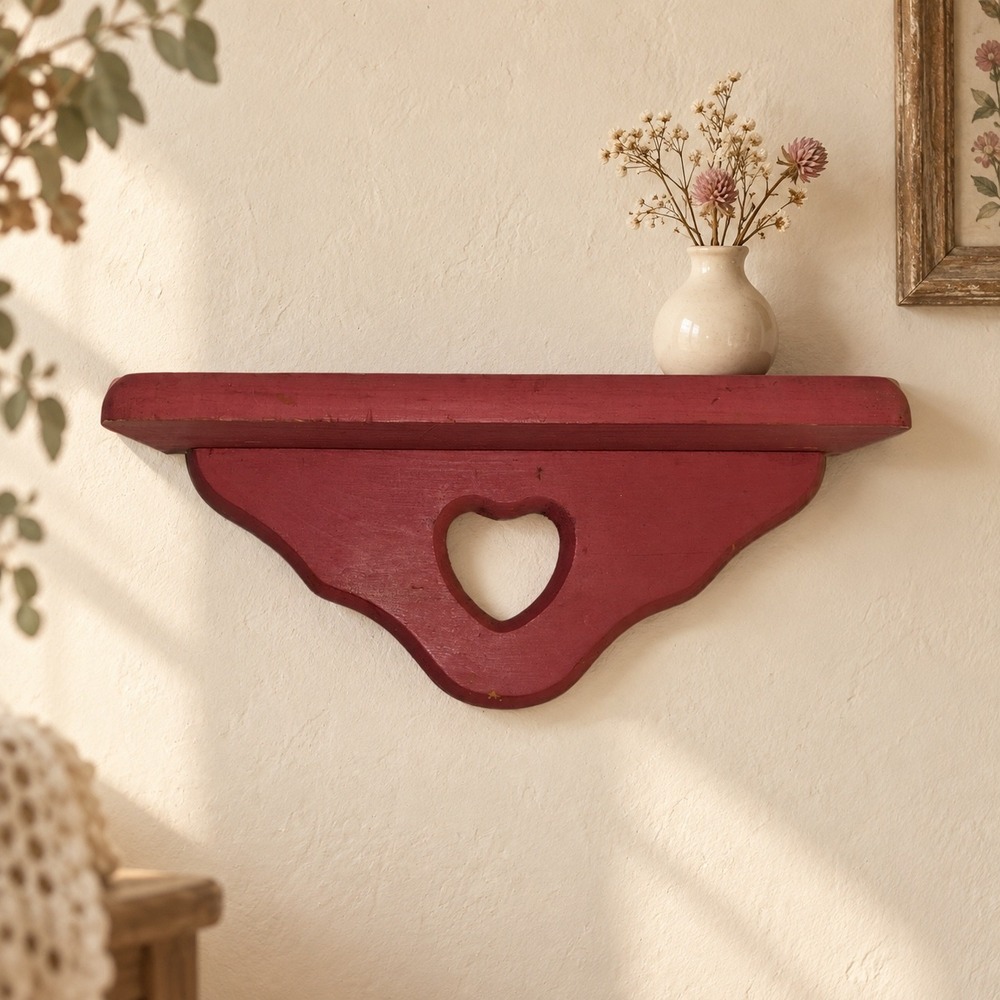 Vintage Red Wood Heart Wall Shelf Primitive Country Cottagecore Decor 10"